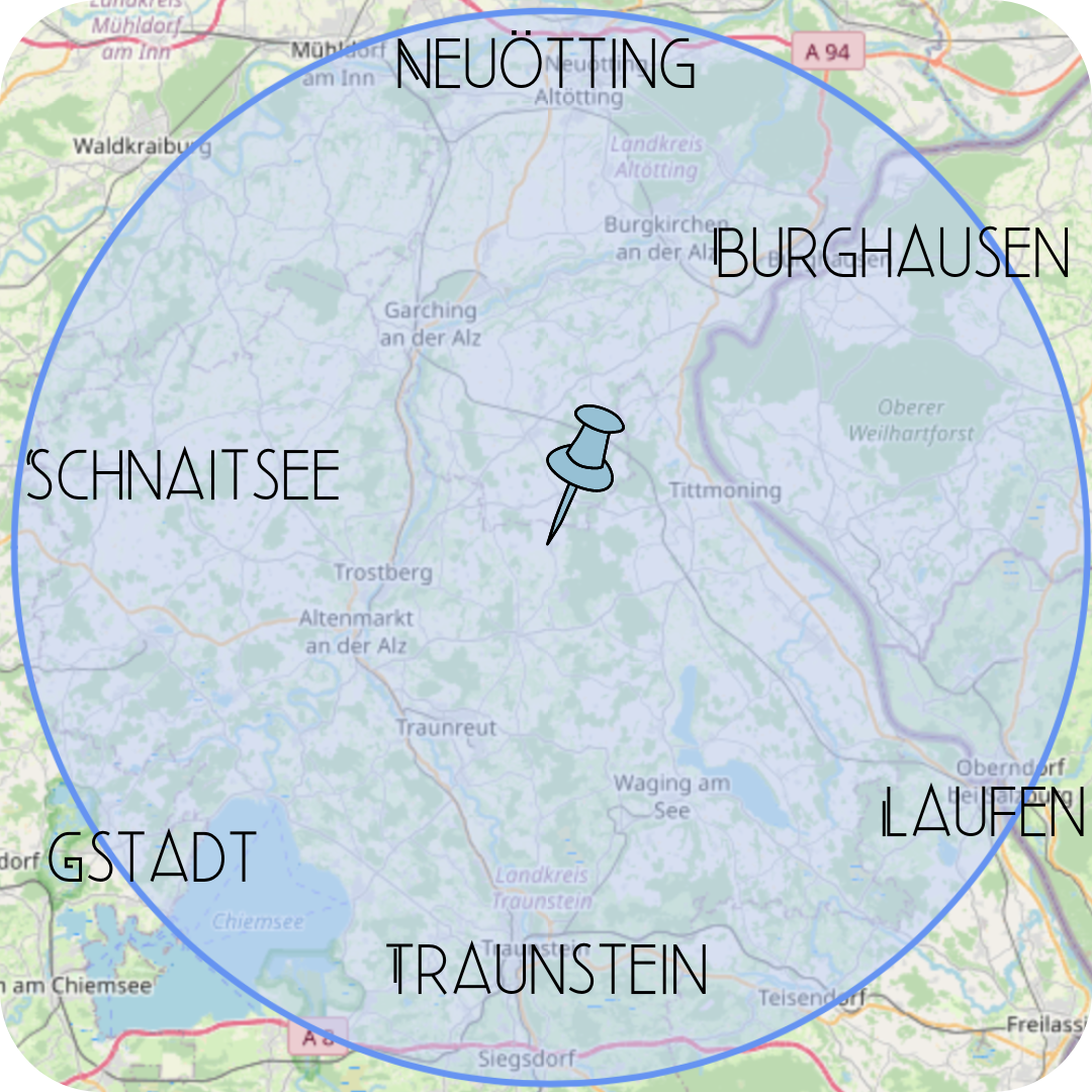 Umkreisgrafik für das Einsatzgebiet der Mamahilfe rund um Palling, Traunstein, Altötting und Mühldorf