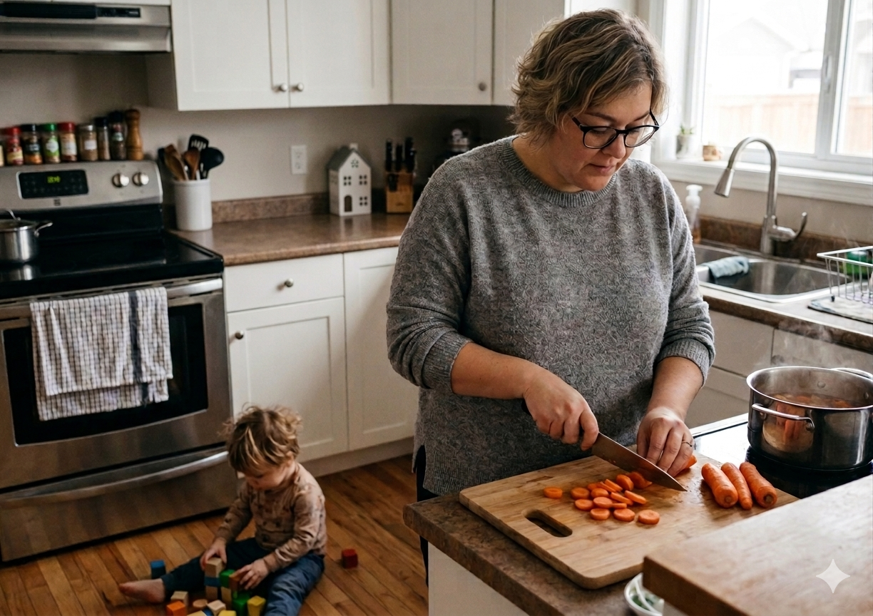 Alltagsunterstützung in der Familienküche mit Kind im Hintergrund