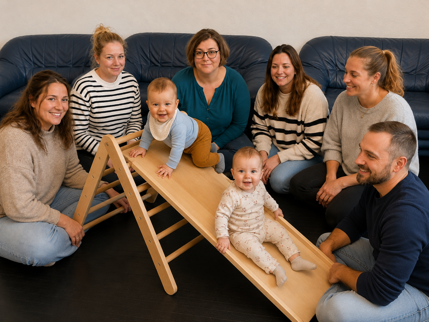 Authentischer Gruppenmoment bei Wurzeln und Flügel mit Familien und Babys